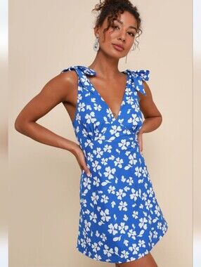 Lulus Bright Affection Cobalt Blue Floral Tie Strap Cotton Mini Dress NWT Sz S